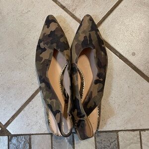 Anthropologie Silent D Camo Sling Back Pointed Toe Low Block Heel Sandals